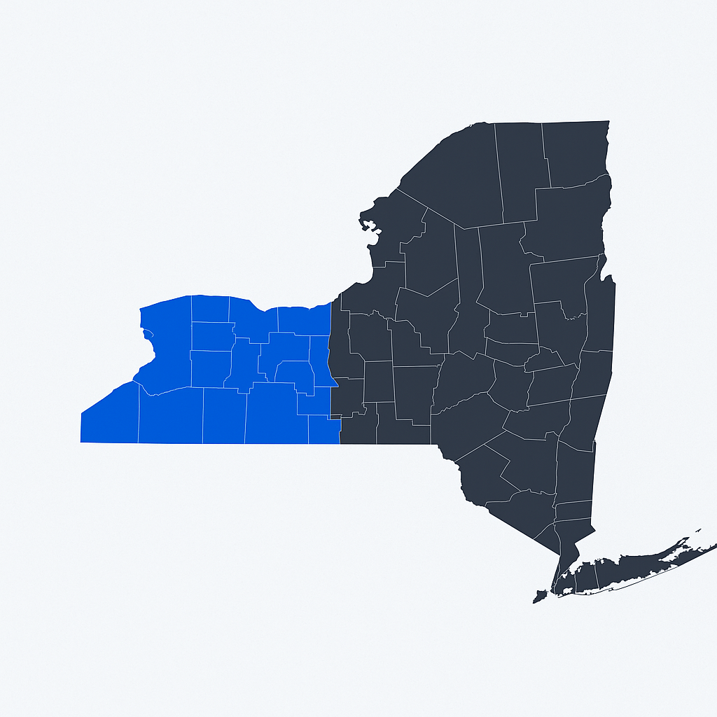 Map of New York highlighting Skyways Roofing’s service area in blue.